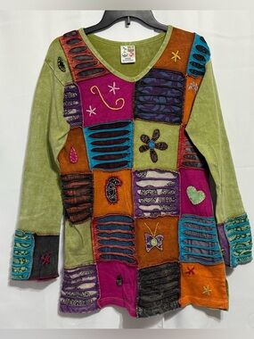 India Boutique Patchwork Top Whimsigothic Indie Eclectic Razor Cut Nepal Boho OS